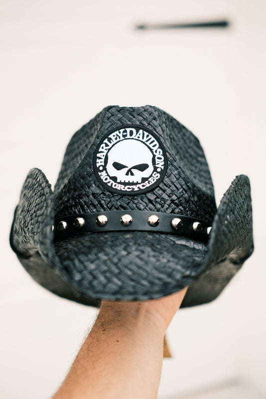 BIKER HAT WITH CIRCLE SKULL PATCH — Pre-order, Ships Late August