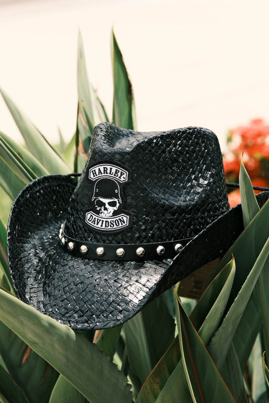 BIKER HAT WITH HELMET SKULL PATCH — Pre-order, Ships Late August