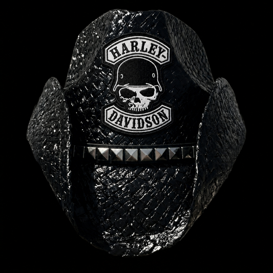 BIKER HAT WITH HELMET SKULL PATCH — Pre-order, Ships Late August