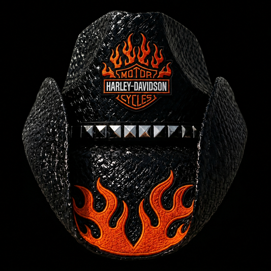 BIKER HAT WITH FLAME PATCH — Pre-order, Ships Late August