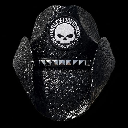 BIKER HAT WITH CIRCLE SKULL PATCH — Pre-order, Ships Late August