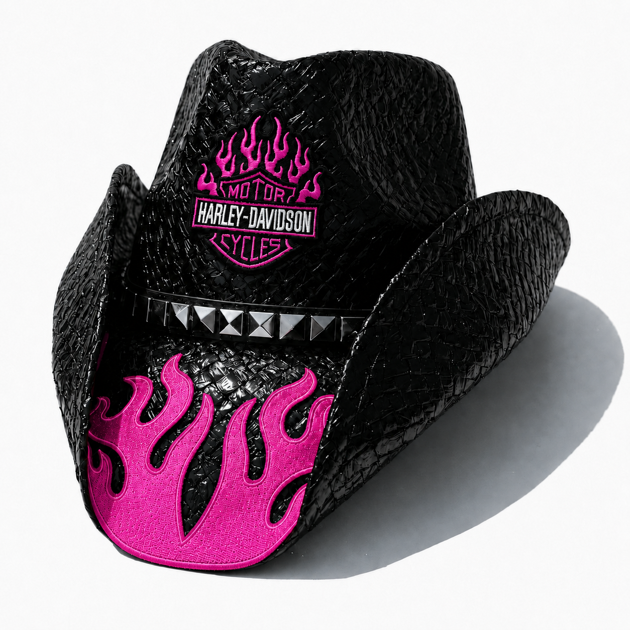BIKER HAT WITH PINK FLAME PATCH