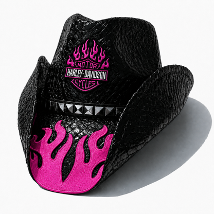 BIKER HAT WITH PINK FLAME PATCH
