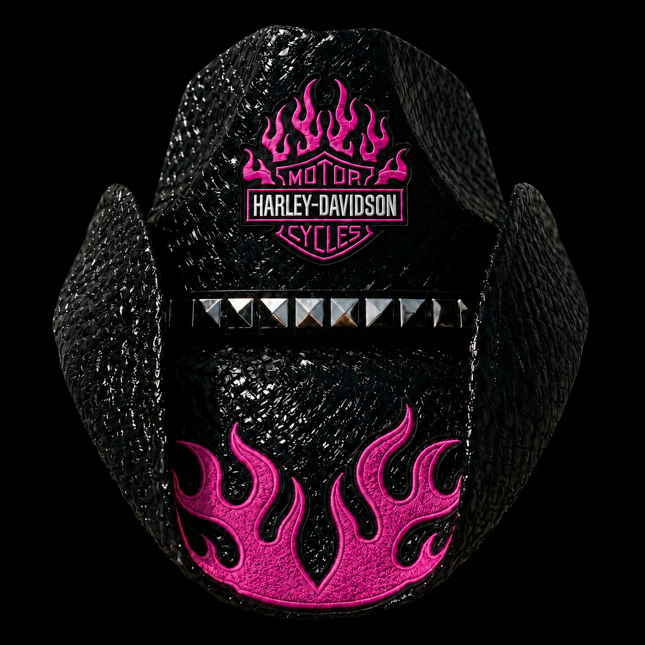 BIKER HAT WITH PINK FLAME PATCH
