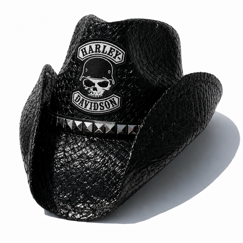 BIKER HAT WITH HELMET SKULL PATCH — Pre-order, Ships Late August
