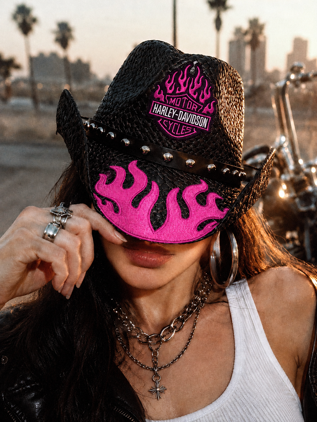 BIKER HAT WITH PINK FLAME PATCH